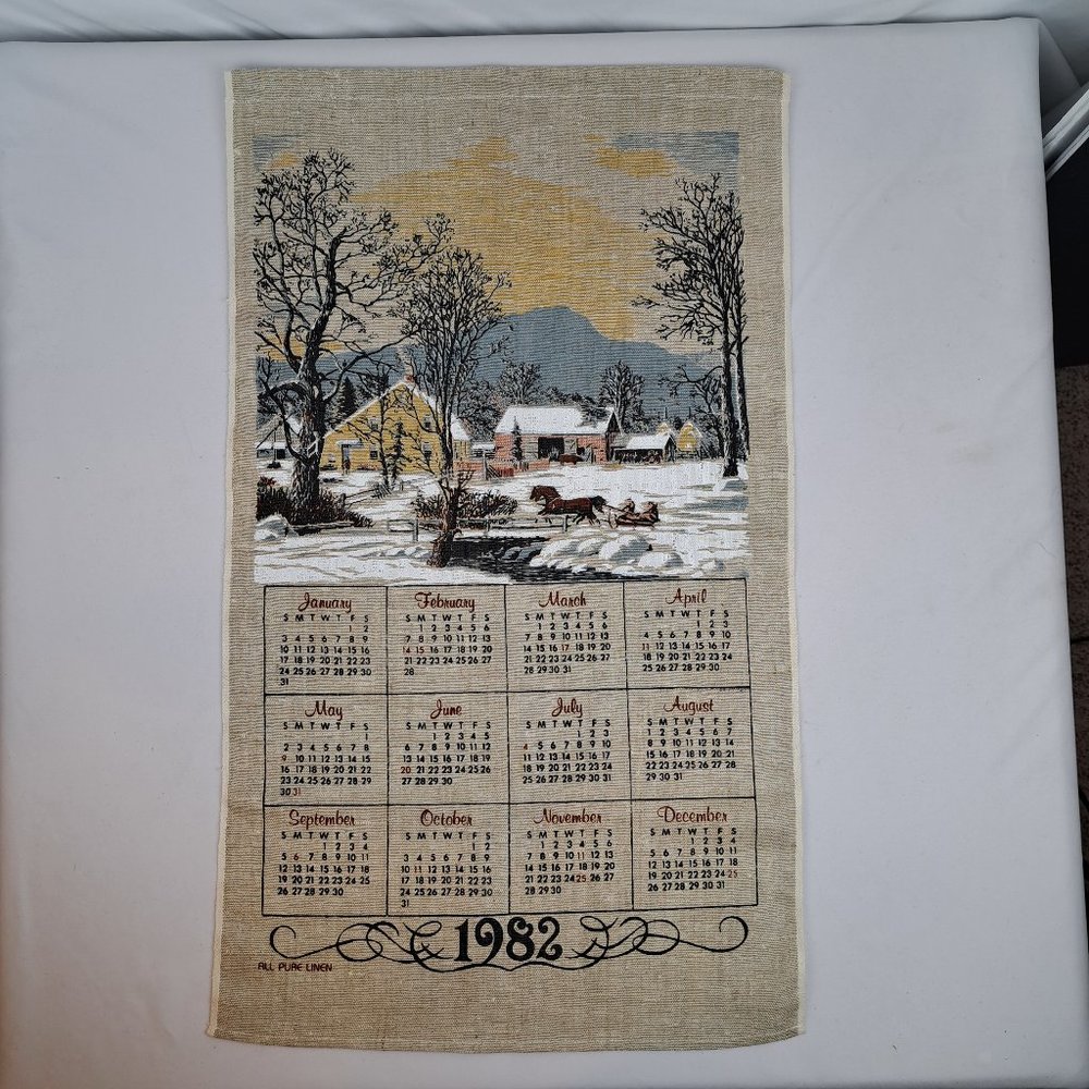 Vintage 1982 Linen Calendar Country Farm in Winter Scene